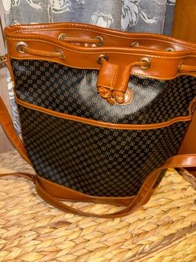 Ronett Monogram Bucket Tote in Brown and Black
